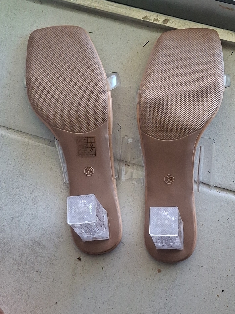 Clear Strap Nude Block Heel Sandals - Women's
